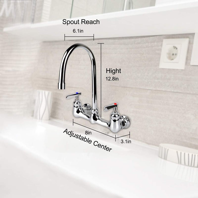 KWODE Wall Mount Faucet 8 Inch Center Commercial Kitchen Sink Faucet with 6" Gooseneck Swivel Spout 2 Handles Control Brass Contructed Chrome Finish - Image 2
